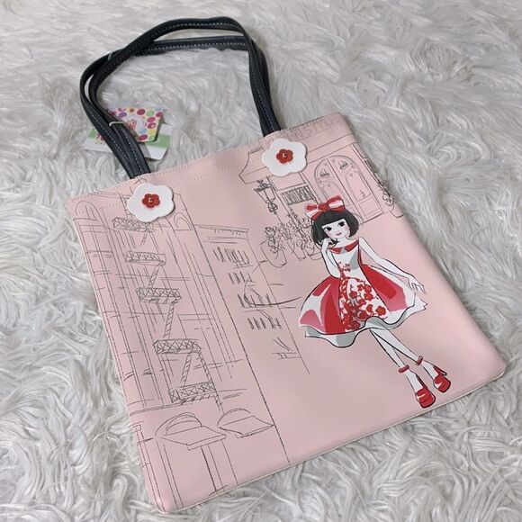 KURHN novelty print tote bag pink/cream magnetic closure slip pocket - Picture 1 of 6